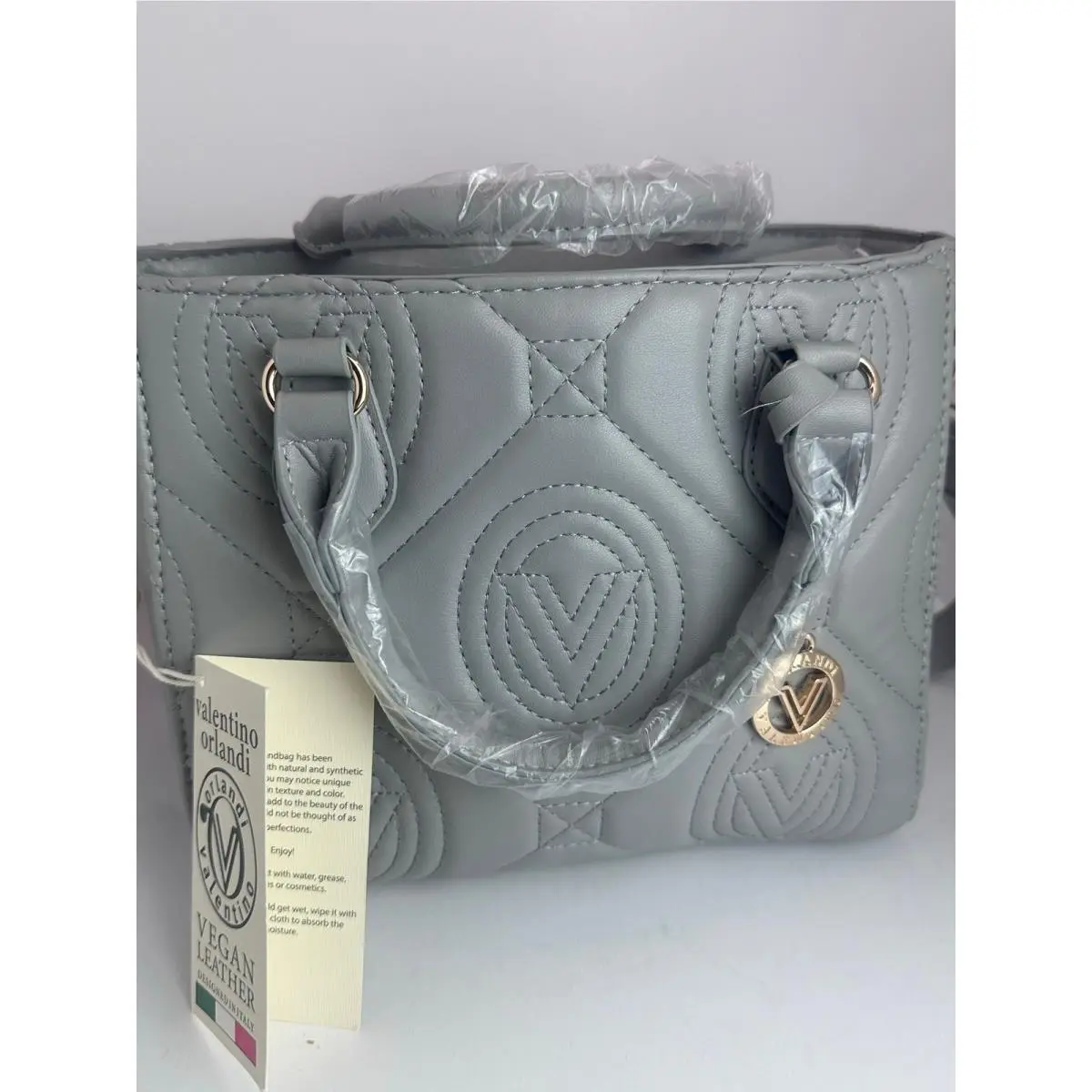 Valentino Orlandi V-2012 Light Grey Quilted Vegan Leather Satchel Mini Tote