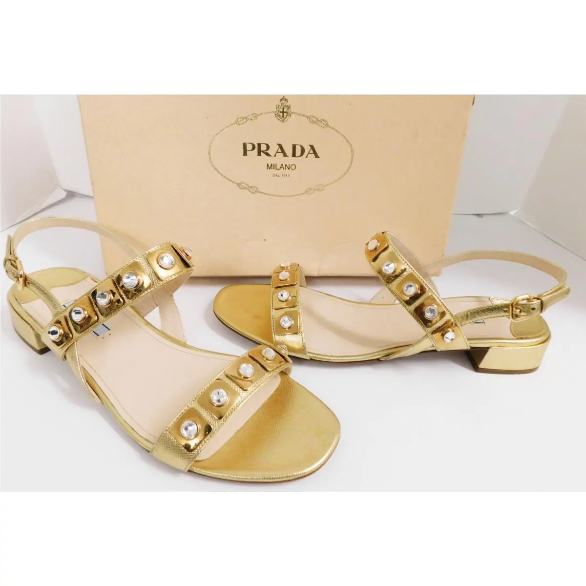 Sandal Flats Shoe Cuban Heel Gold Saffiano Leather Crystal 11 M by Prada