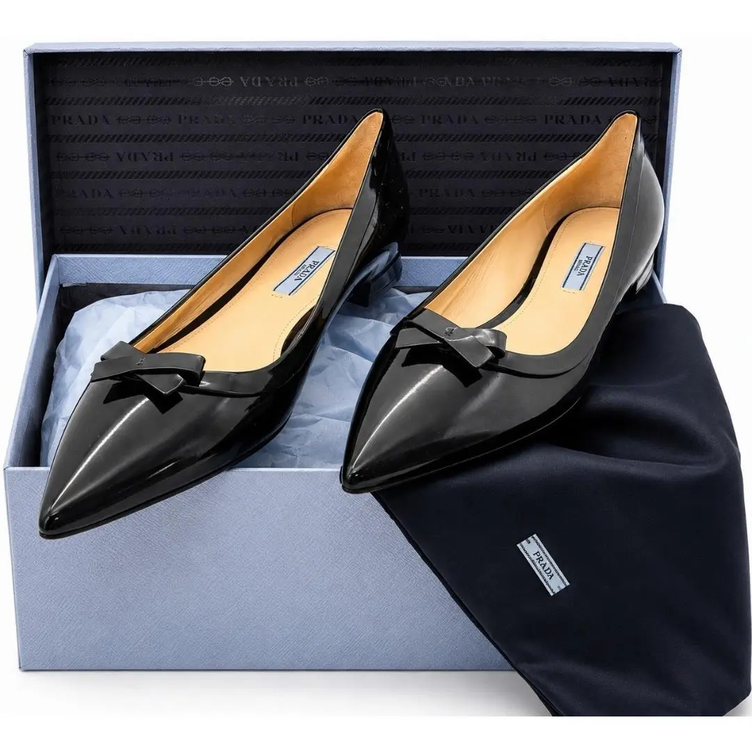 Vernice Pointed-toe Bow Skimmer Flat- Black Patent Leather Sz 39.5 IT by Prada