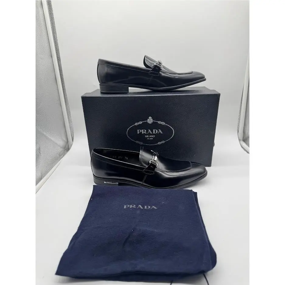 2DC079 Nero Spazzolato Fume Leather Loafers Mens Talla UK 7.5/US 8.5 by Prada