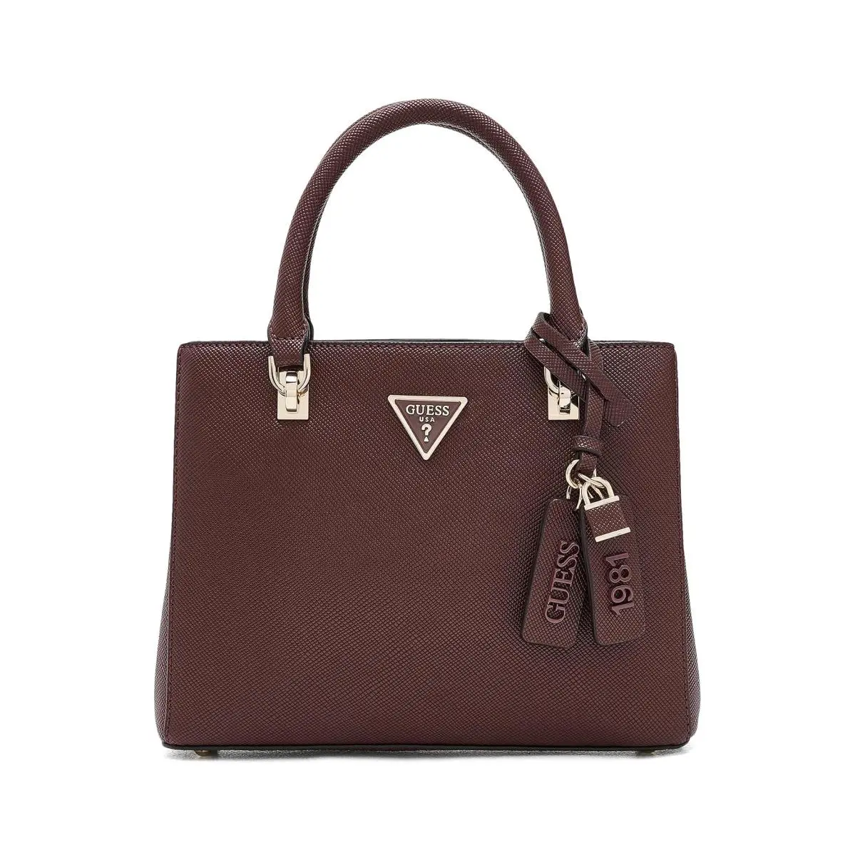 Woman`s Handbags Guess Noelle II Small Multi Compartment Satchel - Burgundy, Exterior: Multicolor