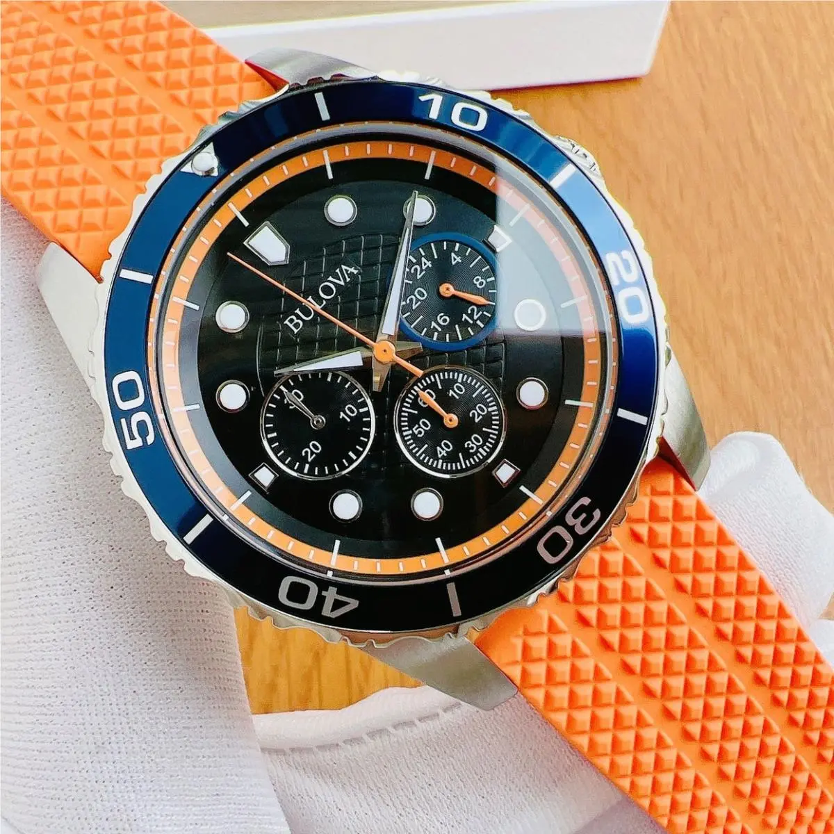 Bulova 98A204 Sport Chronograph Black Dial Orange Silicone Strap Men`s Watch