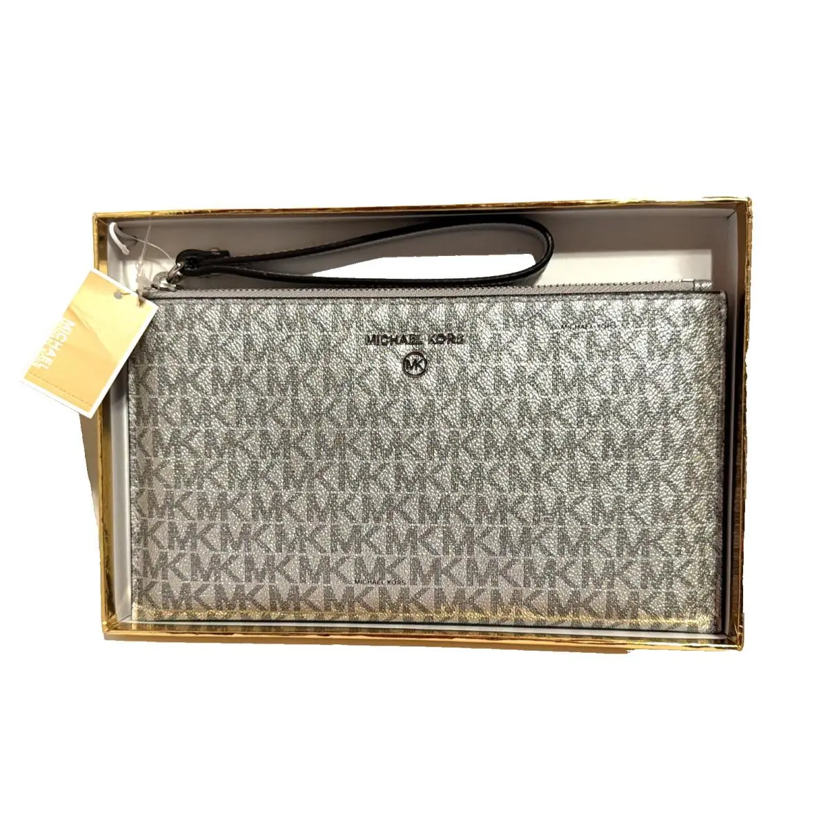 Michael Kors Jet Set Logo Charm Large Top Zip Wristlet Silver
