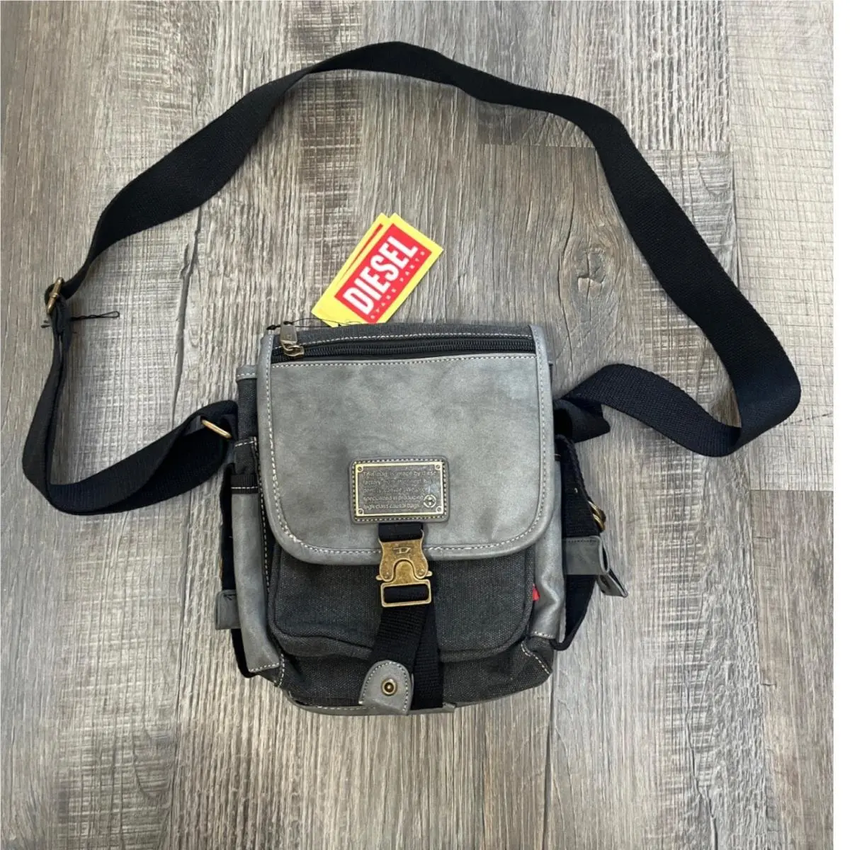 Diesel Spare Parts Canvas Crossbody Messenger Bag Grey Black Utility Buckle