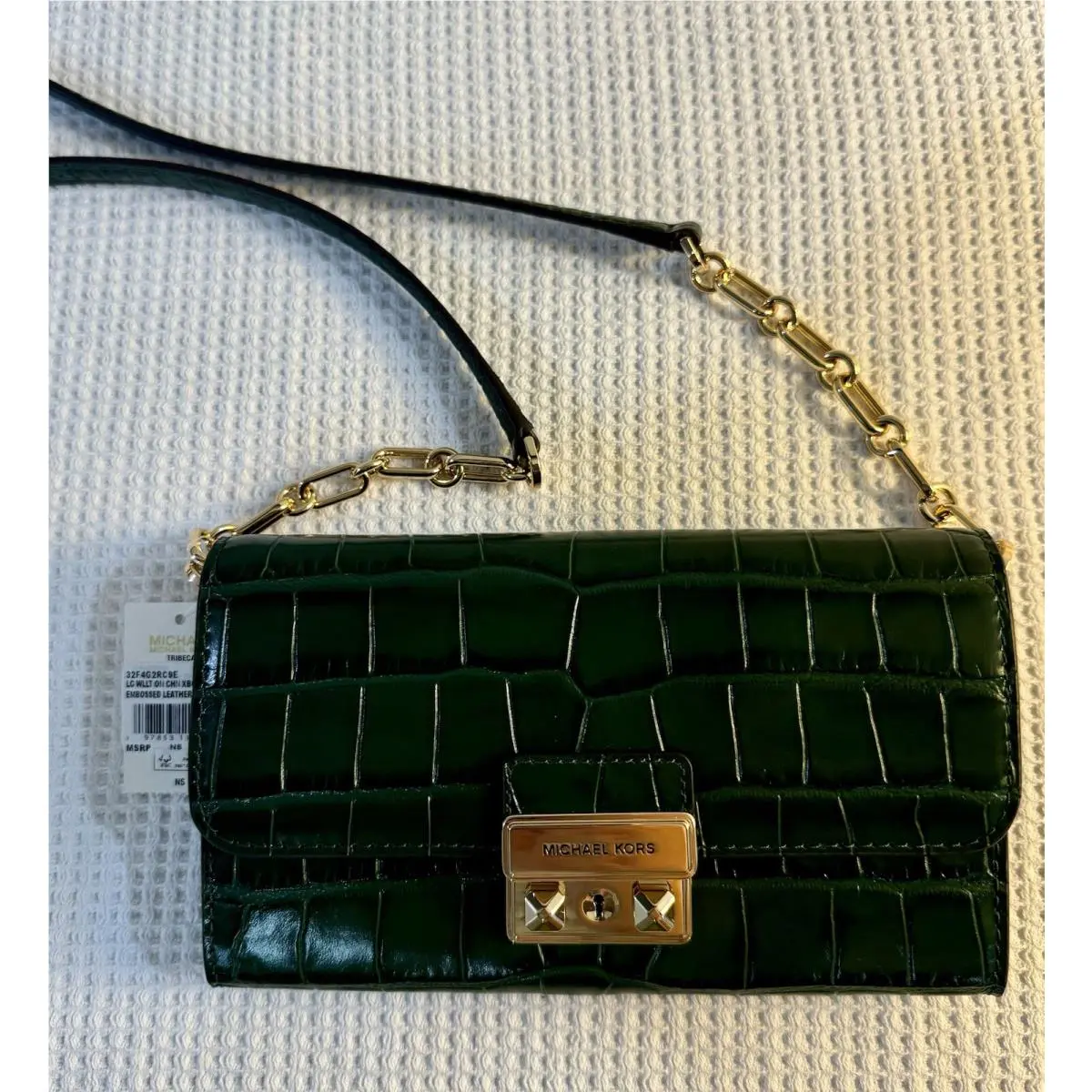 Michael Kors Tribeca In Bosco Large Wallet on Chain Crossbody Dark Green