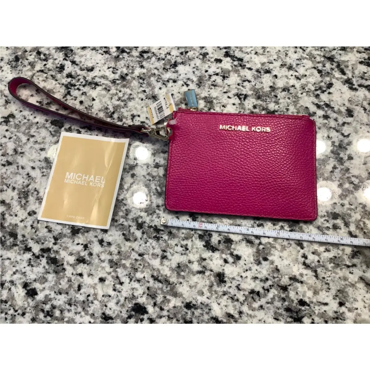 Michael Kors Pebble Leather Wallet Coin Case Wristlet Keychain ID Pink Gold