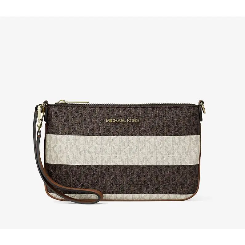 Michael Kors Jet Set Travel Small Striped MK Wristlet Wallet Vanilla Brown