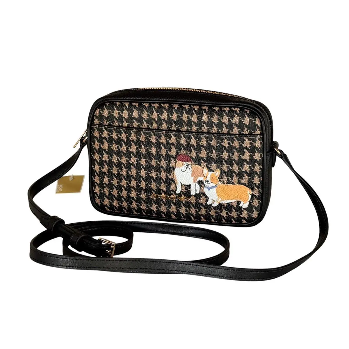 Michael Kors Jet Set Travel Small Camera Crossbody Bag Houndstooth Black/camel