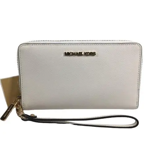 Michael Kors Phone Case Wristlet Wallet Jet Set Travel Leather Zip Optic White