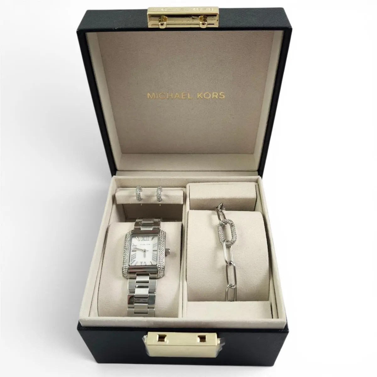 Michael Kors Petite Emery Silver Pave Watch Bracelet Earring Set MK4839