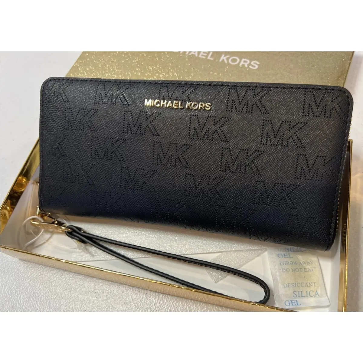 Jet Set Travel Continental Black Leather Wallet Perforated Logo by Michael Kors