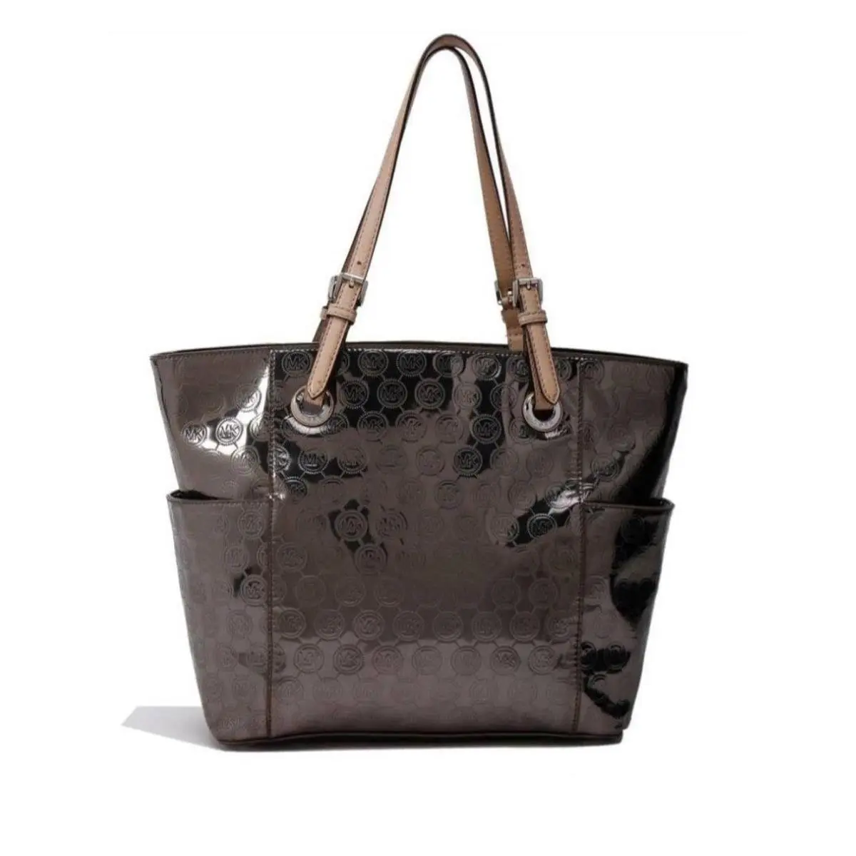 Michael Kors Monogram Mirr Metallic Signature Jet Set Tote