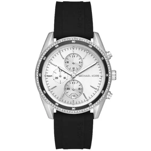 Michael Kors Hadyn Chronograph MK7486 Silver Dial Black Rubber Band Womens Watch