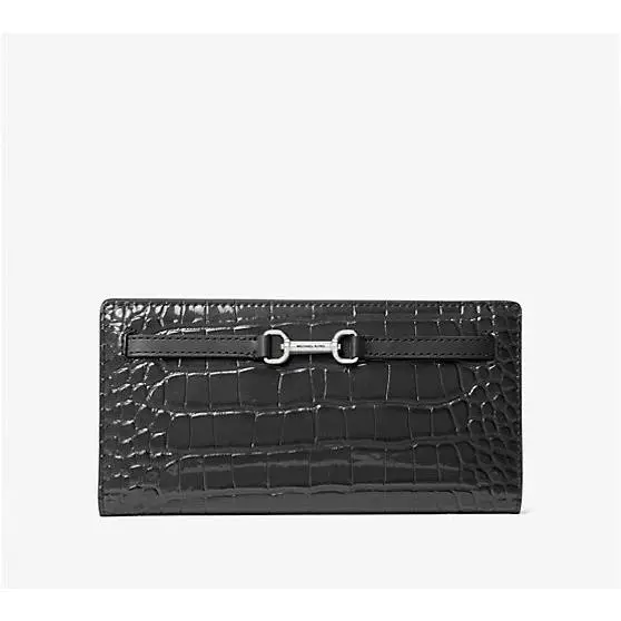 Michael Kors Large Carson Embossed Snap Card Wallet Crocodile Pattern Black
