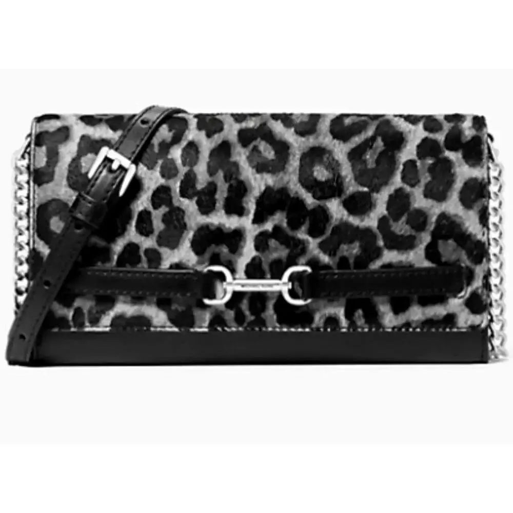 Michael Kors Carson Black Noir Leopard Print Haircalf Wallet on Chain 35F5S2ZC7H