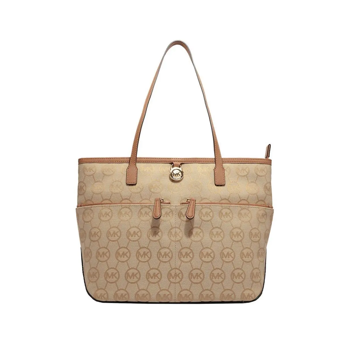 Michael Kors Signature Jet Set Med. Pocket Tote Handbag Bag Beige Camel Tan