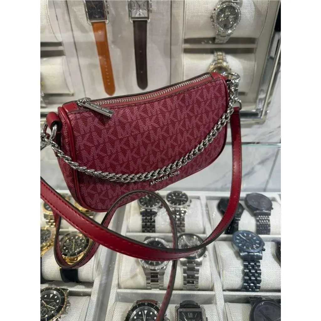 Michael Kors Carmela Womens Small Chain Silver Pouchette Purse Handbag Maroon MK