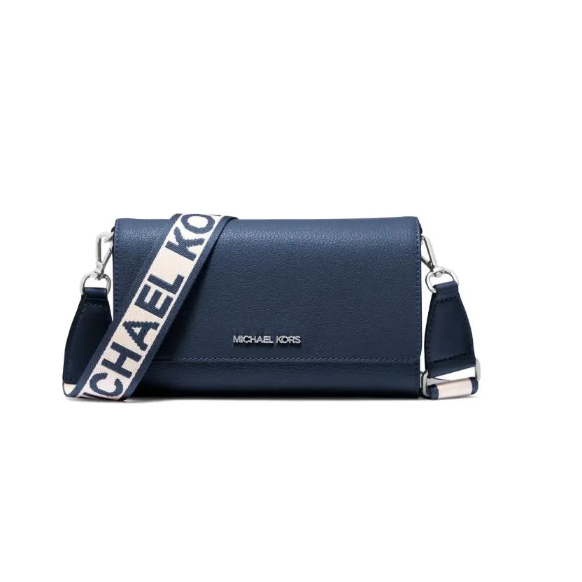 Michael Kors Jet Set Item Large Zip Around Wallet Crossbody Bag Navy Blue Silver