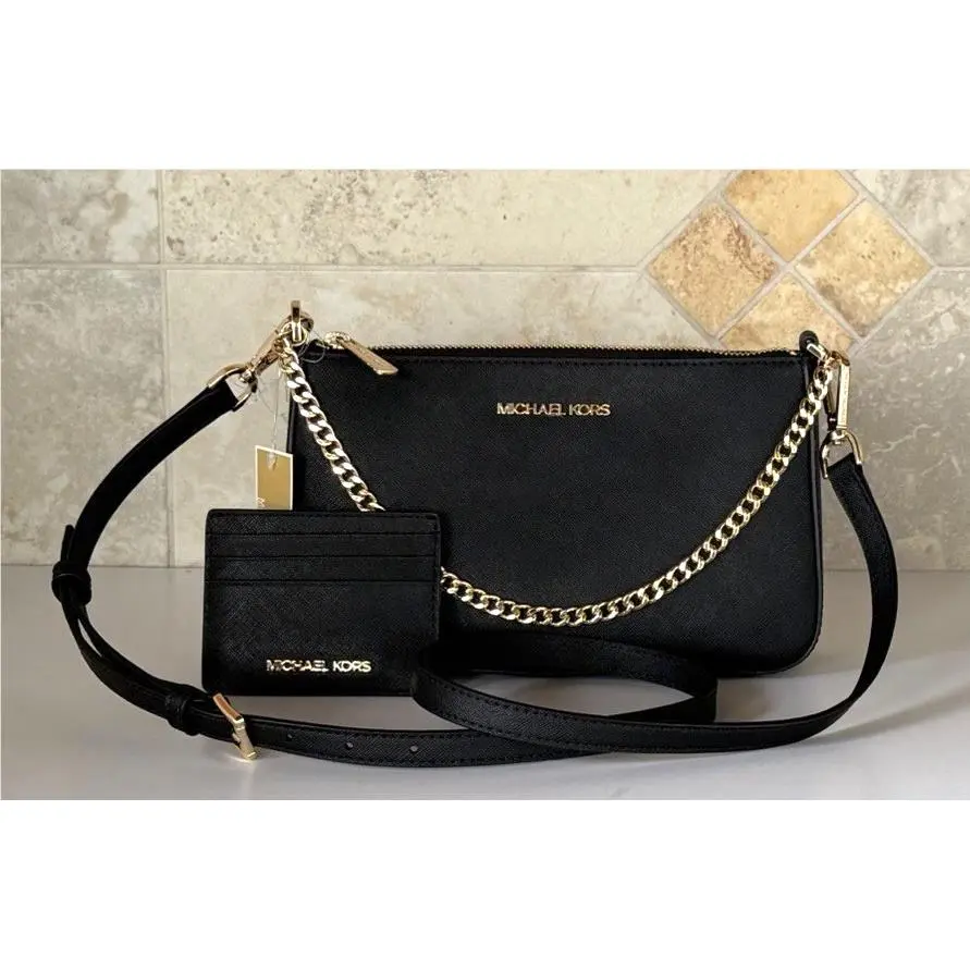 Michael Kors Giftable Jet Set Chain Crossbody Bag + Card Case Wallet Black