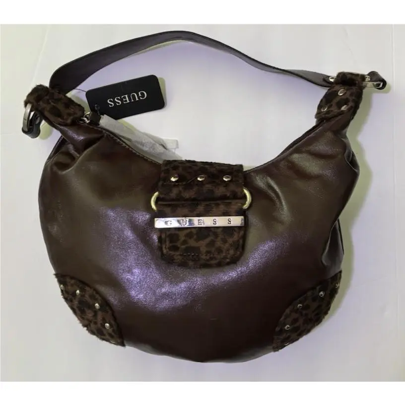 Vtg Guess Y2K Era Hand Bag Purse Boho Brown Cheetah Gold Hardware