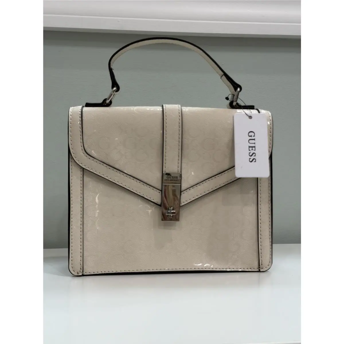 Guess Delvin Satchel Handbag Linen Logo Embossed Top Handle Shoulder Bag