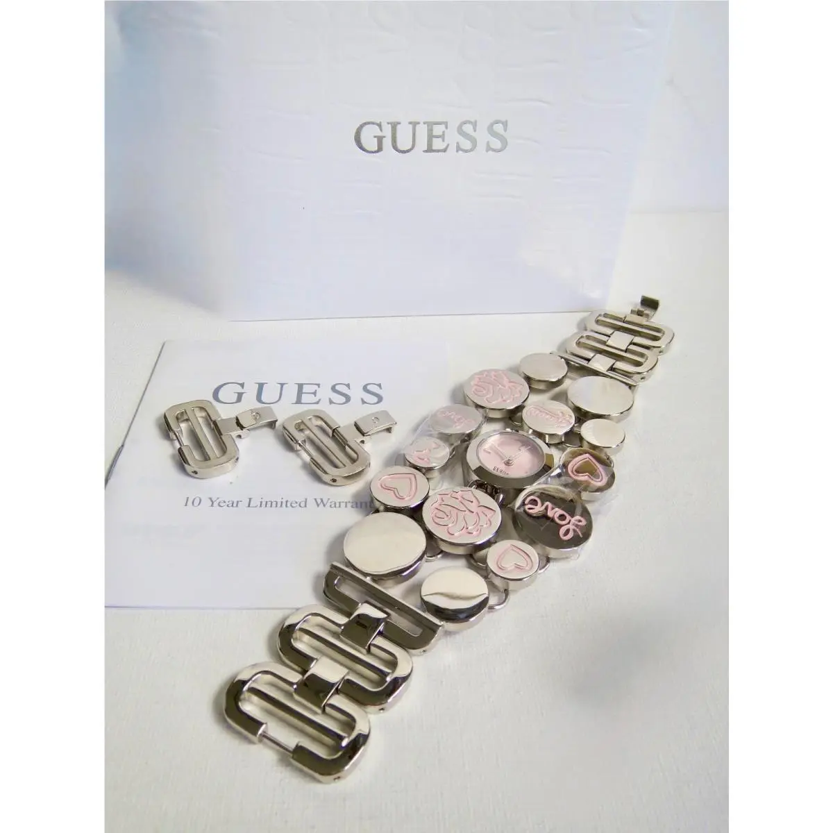 Beautiful Guess Pink Love Silver Bracelet Watch 2 Wide