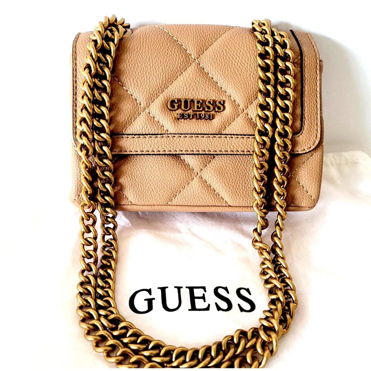 Guess Designer Abey Handbag Shoulder Flap Chain Purse Beige