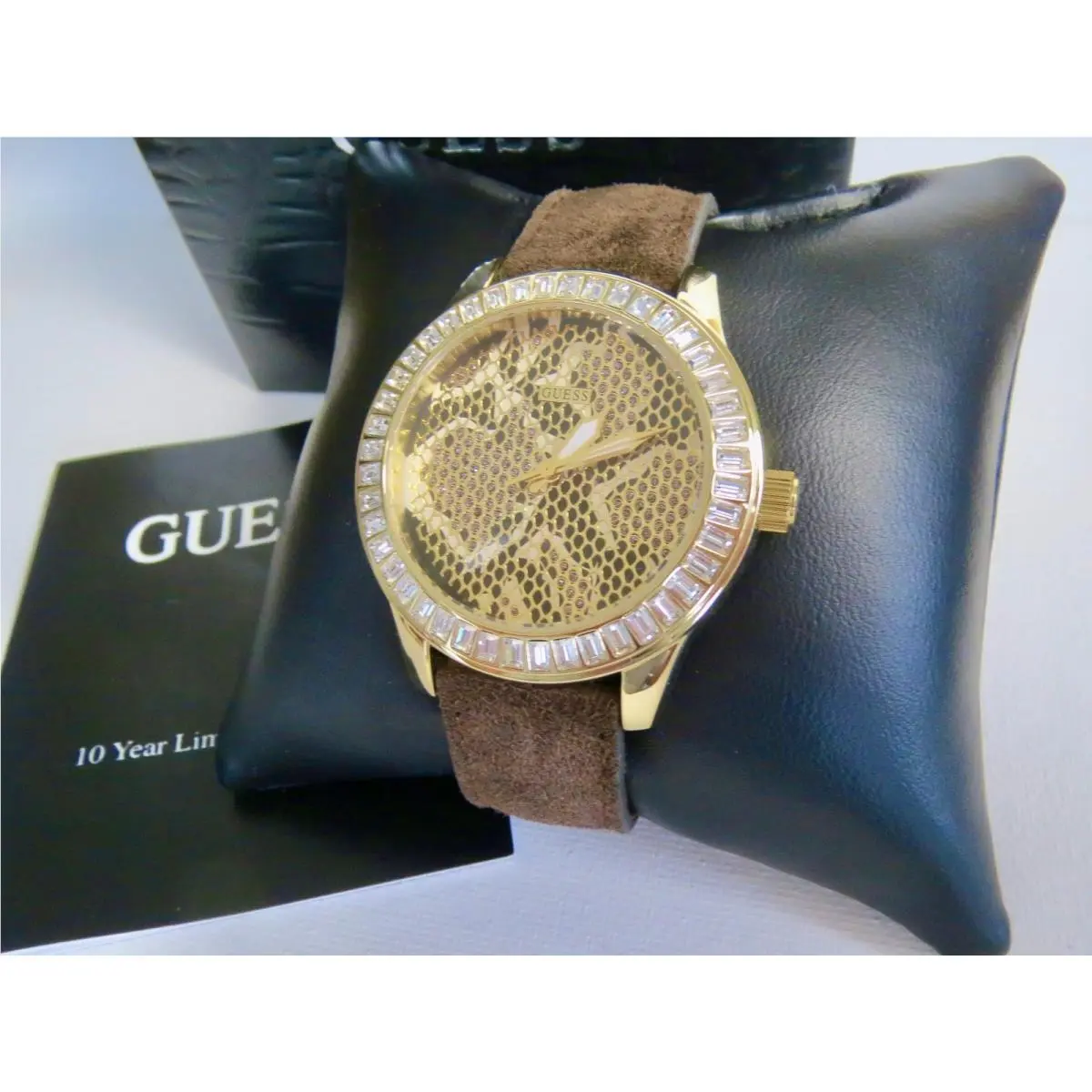 Guess Animal Print Baguette Crystals Suede Strap Gold Tone Watch