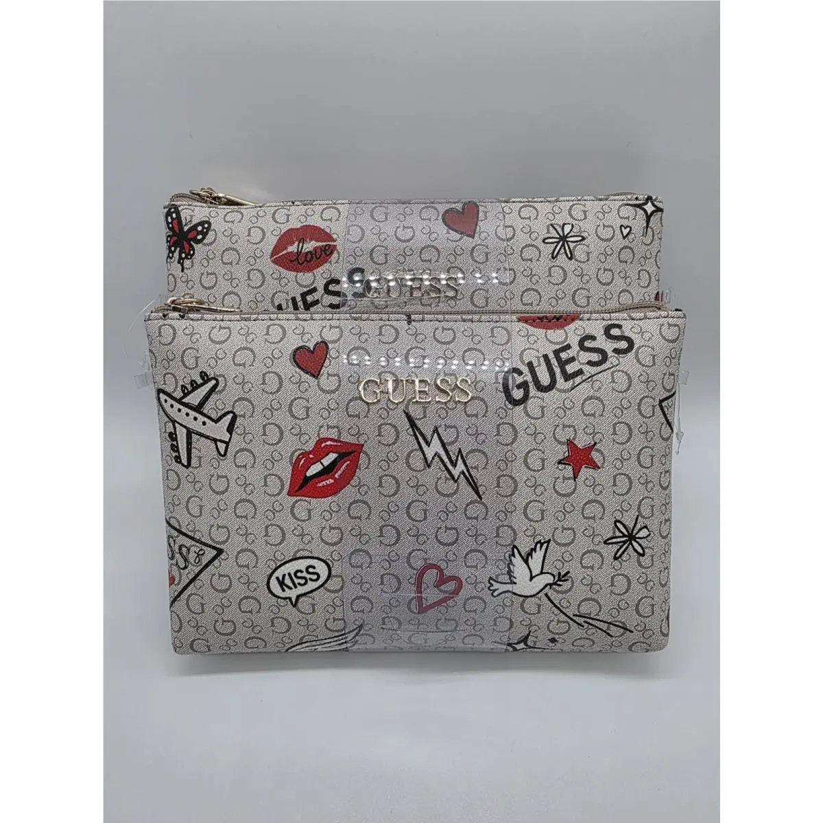 Guess Crenshaw Travel Cosmetic Makeup Bag Set of 2 Cement Graphic