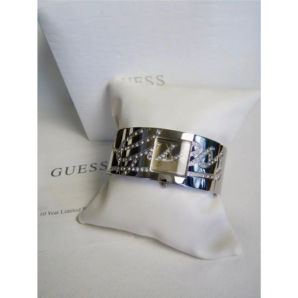 Beautiful Guess Logo Crystals Silver Bracelet Watch 1 1/8 W
