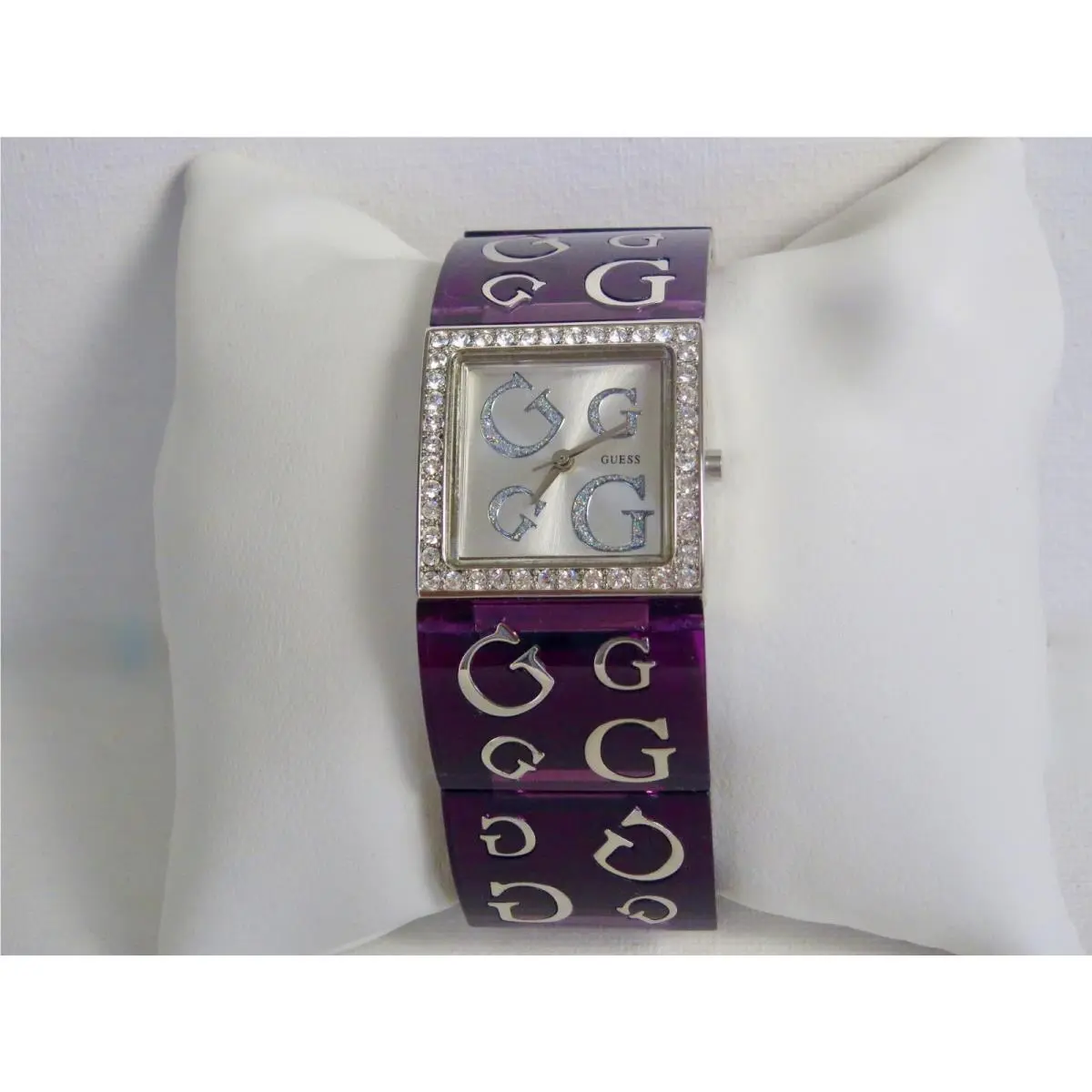 Beautiful Guess Logo Crystals Purple Bracelet Watch 1 1/8 W
