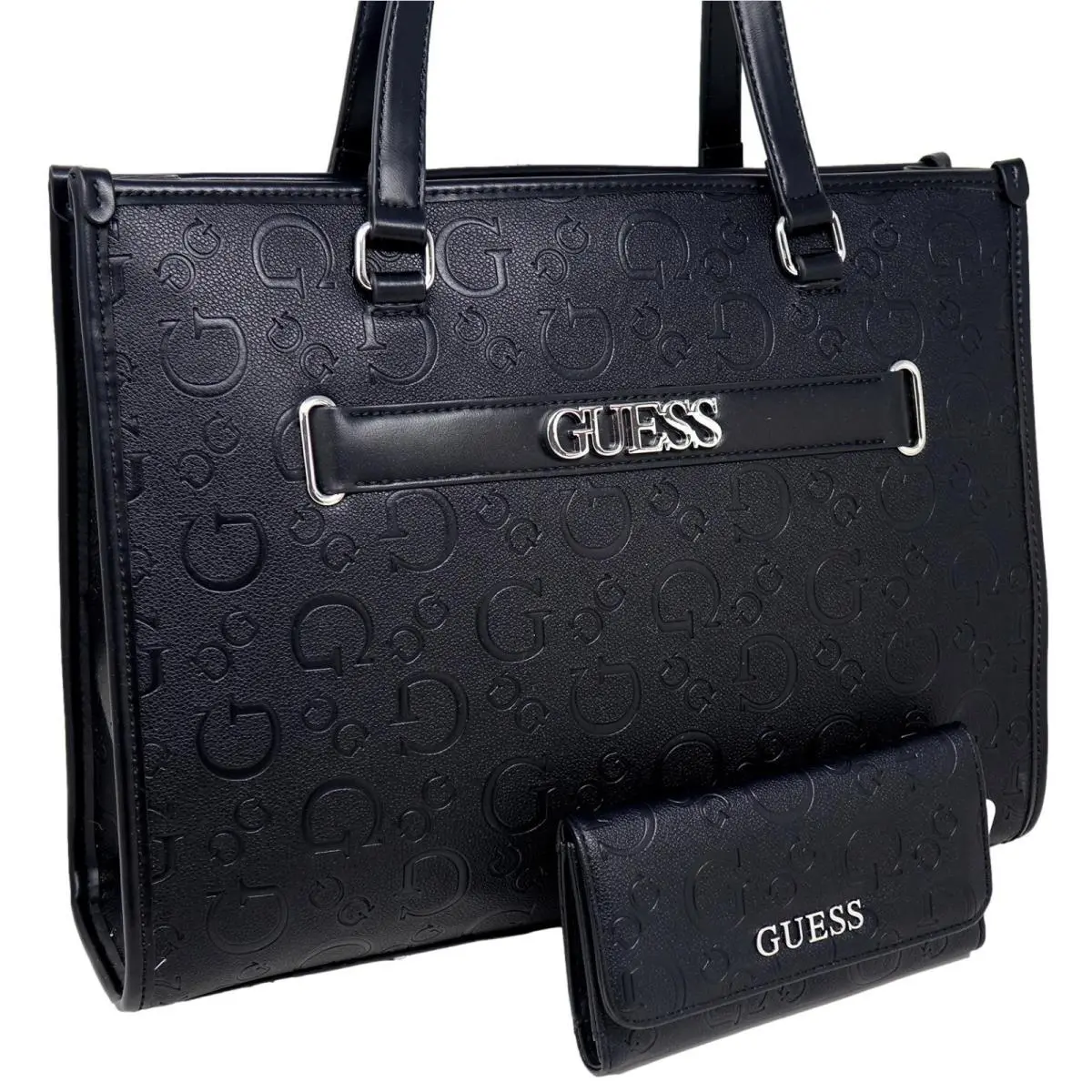 Guess Women`s Logo Debossed Work Travel Tote Bag Handbag Wallet Set - Black