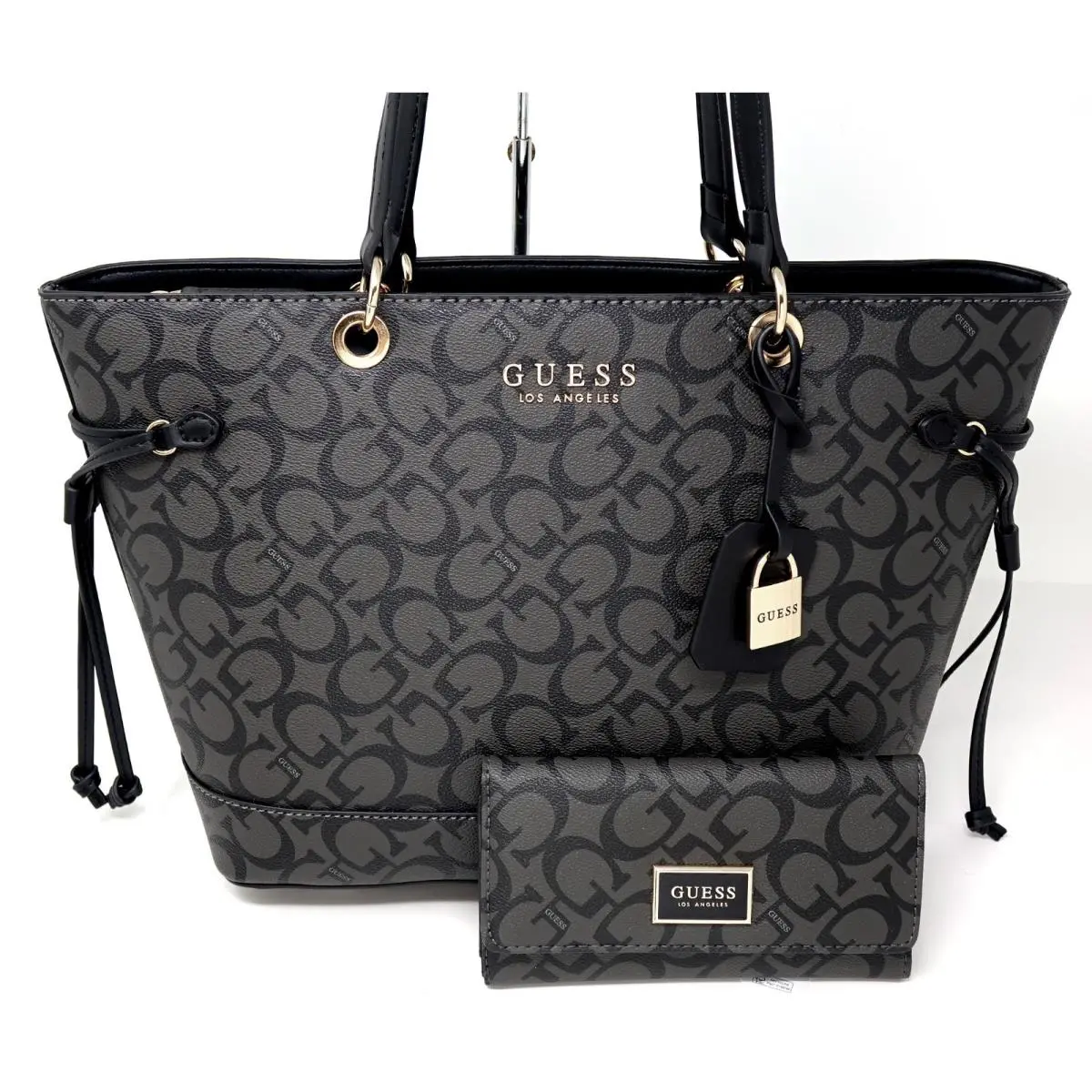 Guess Women`s Logo Print Work Travel Tote Bag Handbag Wallet Set - Black