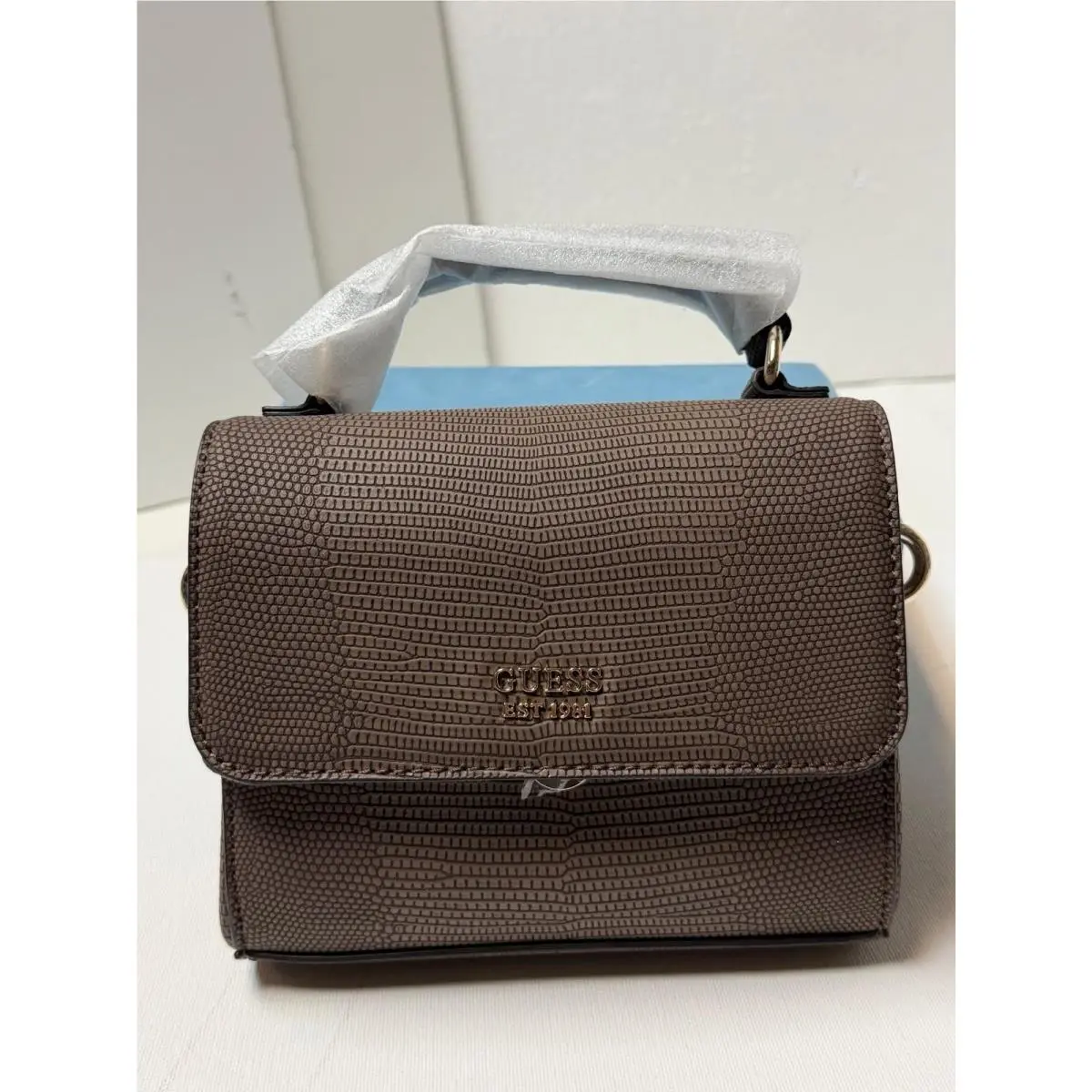 Guess Brown Leather Lyndi Mini Top Handle Flap Crossbody Bag