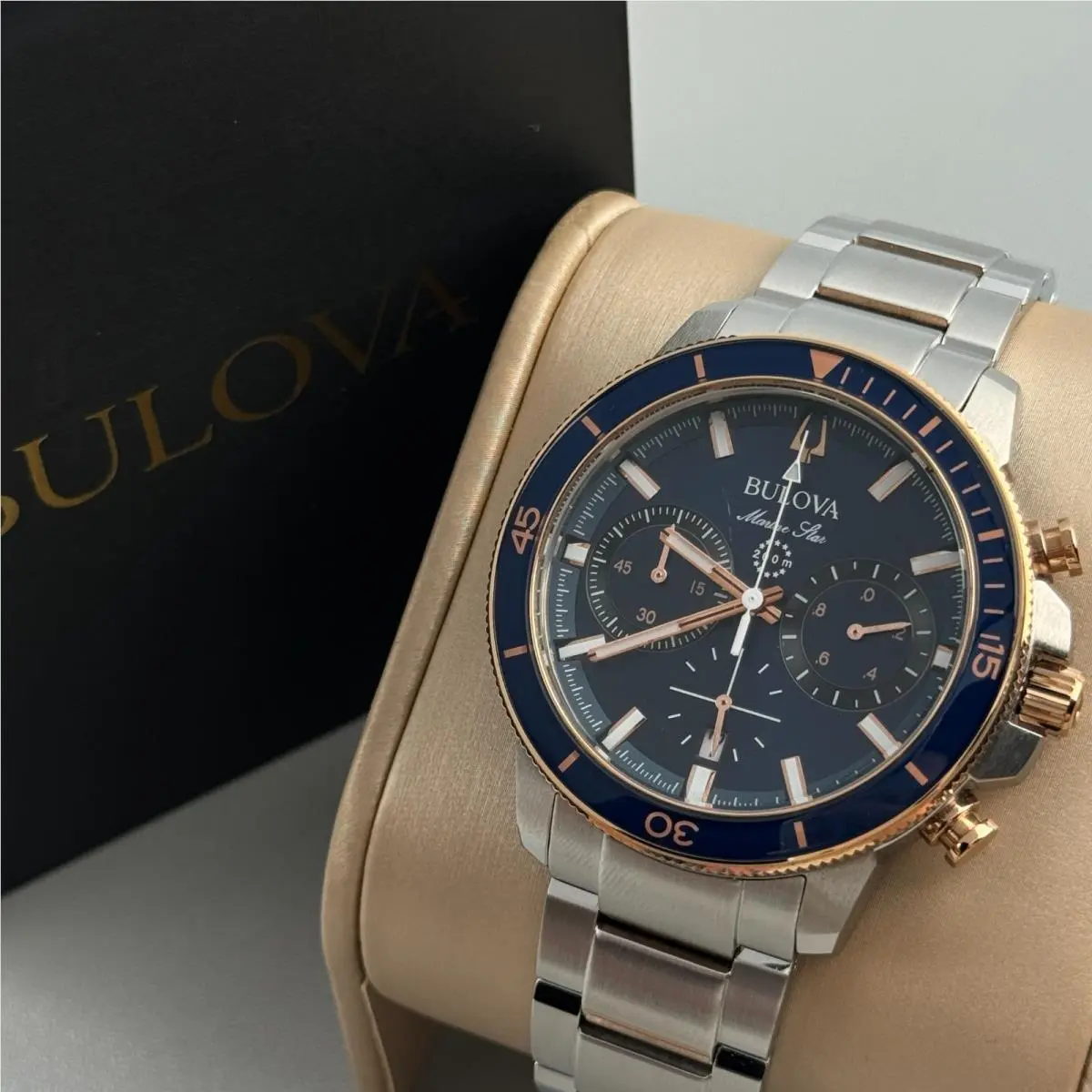Bulova Marine Star 98B301 Men`s Blue Dial Chronograph Quartz Watch 45mm Two-tone