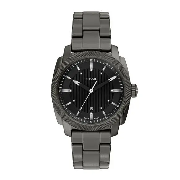 Fossil Machine Quartz 3H Date Black Dial Smoke Steel 41mm Men`s Watch FS6185