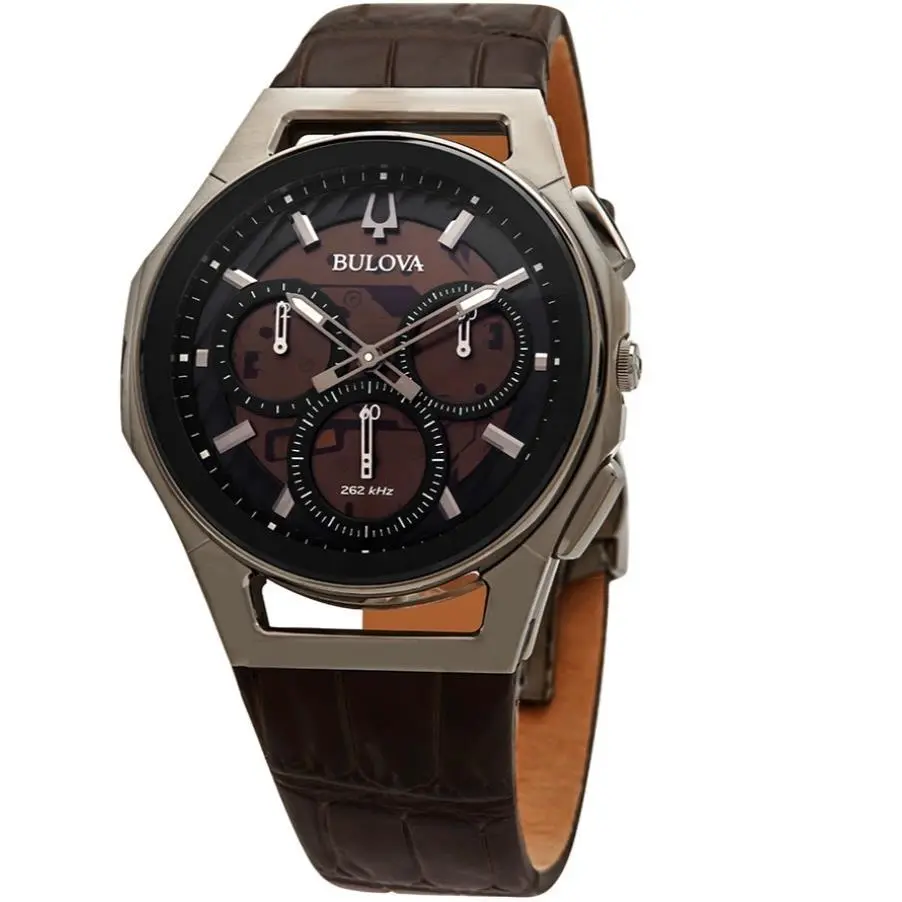 Bulova Curv Chronograph Quartz Black Skeleton Dial Men`s Watch 98A231 - Dial: Brown, Band: Brown, Bezel: Black