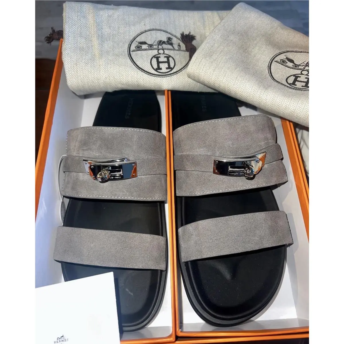 Hermès Gray Suede Jackson Sandals Size 45 EU 12 US w Dust Bags by Hermes