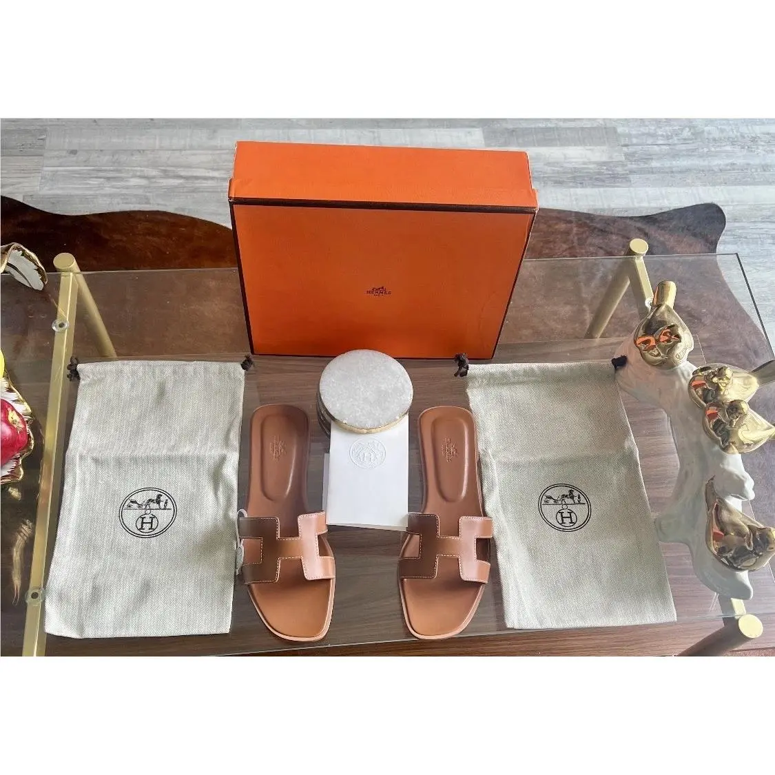 Hermès Brown Gold Oran Woman’s Sandals 42 EU 11 US w Box and Dust Bags by Hermes