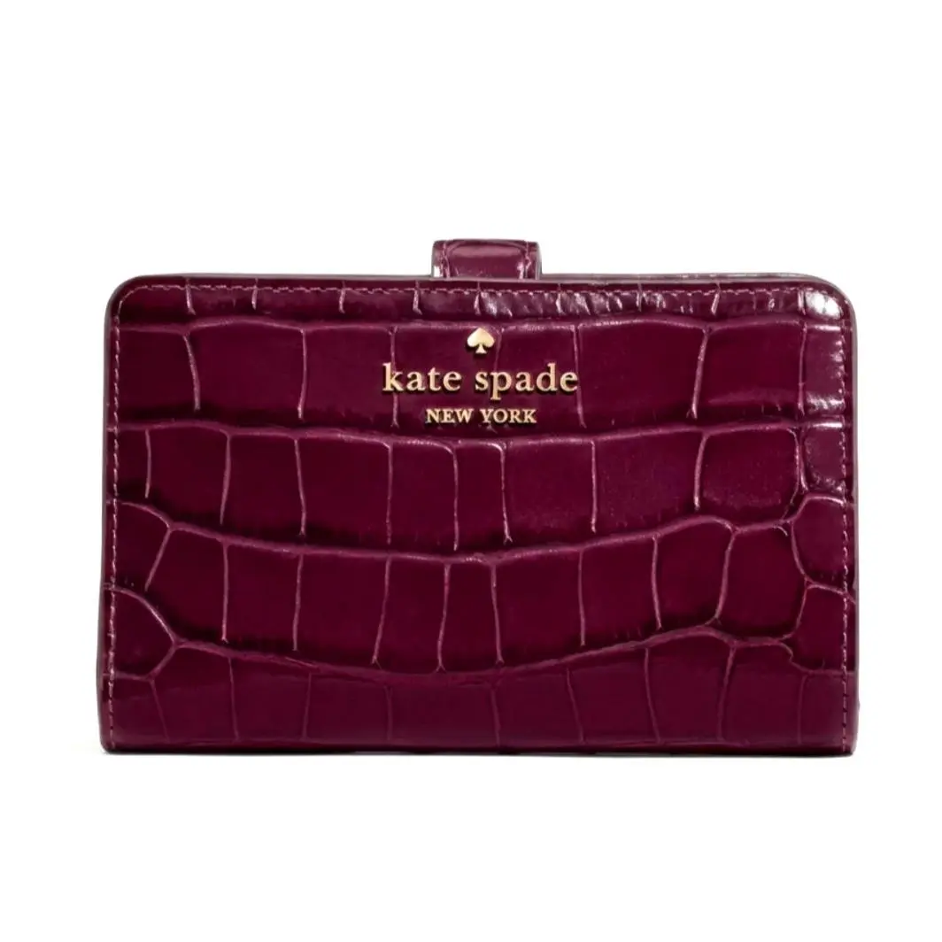 Kate Spade Croc Embossed Leather Medium Bifold Wallet Deep Cherry KP266 New