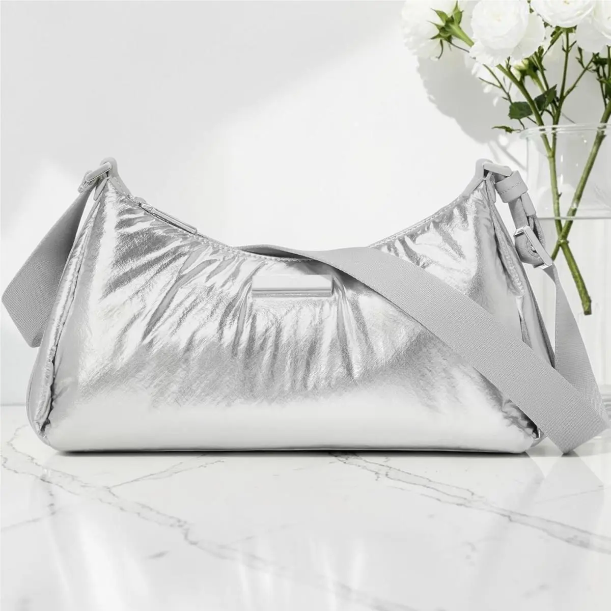 Carter Metallic Fabric Small Shoulder Bag Silver KM706 by Kate Spade