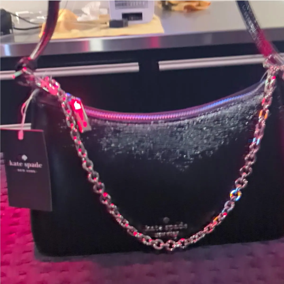 Kate Spade New York Black Small Crescent Shoulder Bag Zip Chain Logo Strap