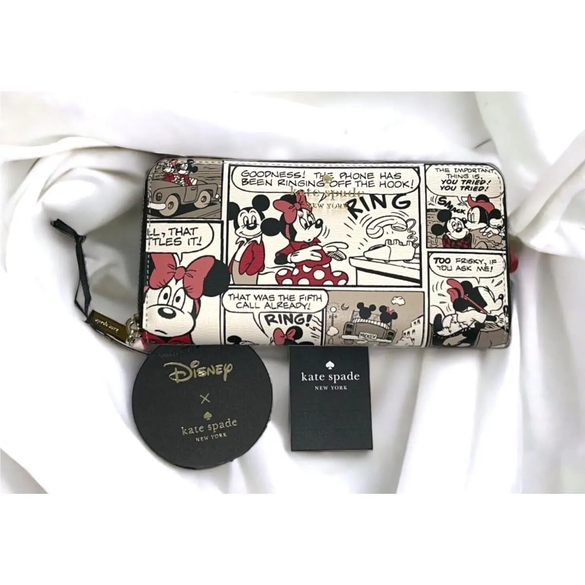 Kate Spade Mickey Minnie Comic Strip Accordion White Leather Zip Clutch Wallet