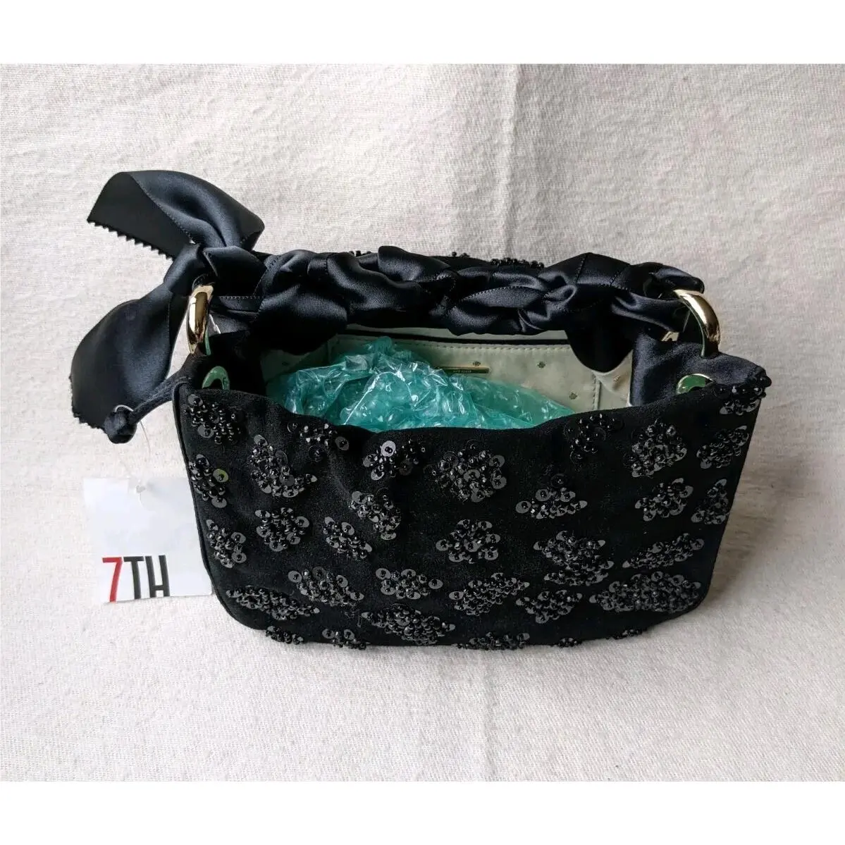Black Velvet Beaded Purse Satin Ribbon Handle by Kate Spade