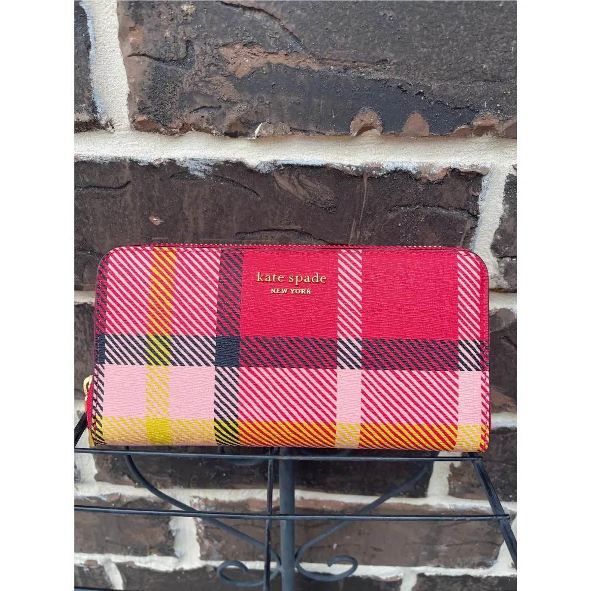 NWT$198  Morgan Museum Plaid Zip Around Continental Wallet Red Pink mu by Kate Spade