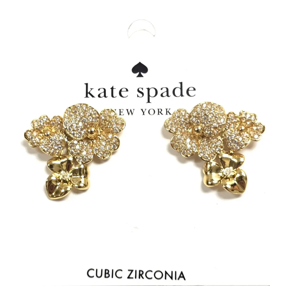 New Kate Spade Gold Tone Precious Pansy 3 Flowers Pave Crystals Stud Earrings