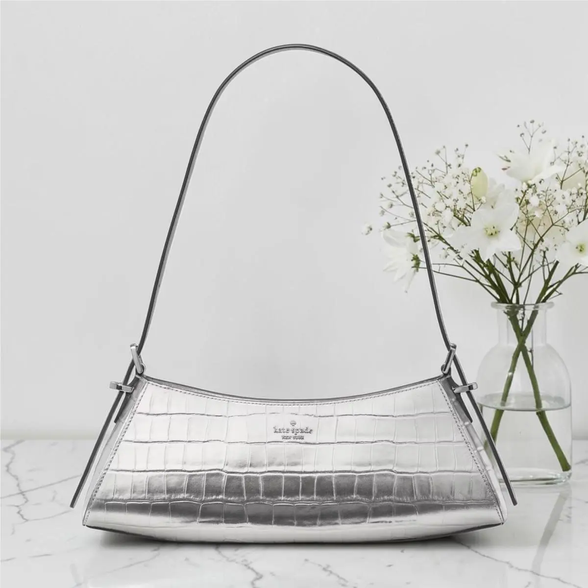 Kate Spade Frankie Metallic Croc Embossed Small East West Shoulder Bag KM680