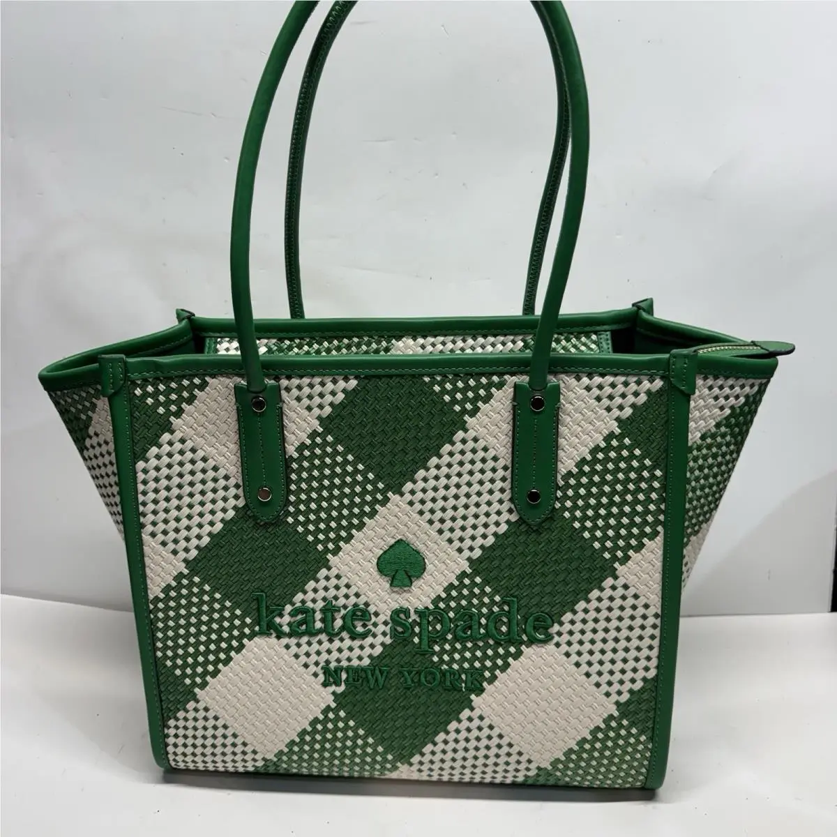 Kate Spade Ella Gingham Woven Straw Large Tote Bag Green Bean