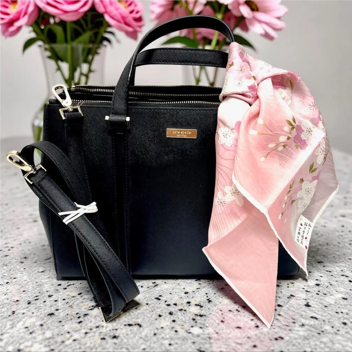 New Kate Spade Newbury Lane Joden Black Saffiano Leather XL Tote Bag+ Pink Scarf