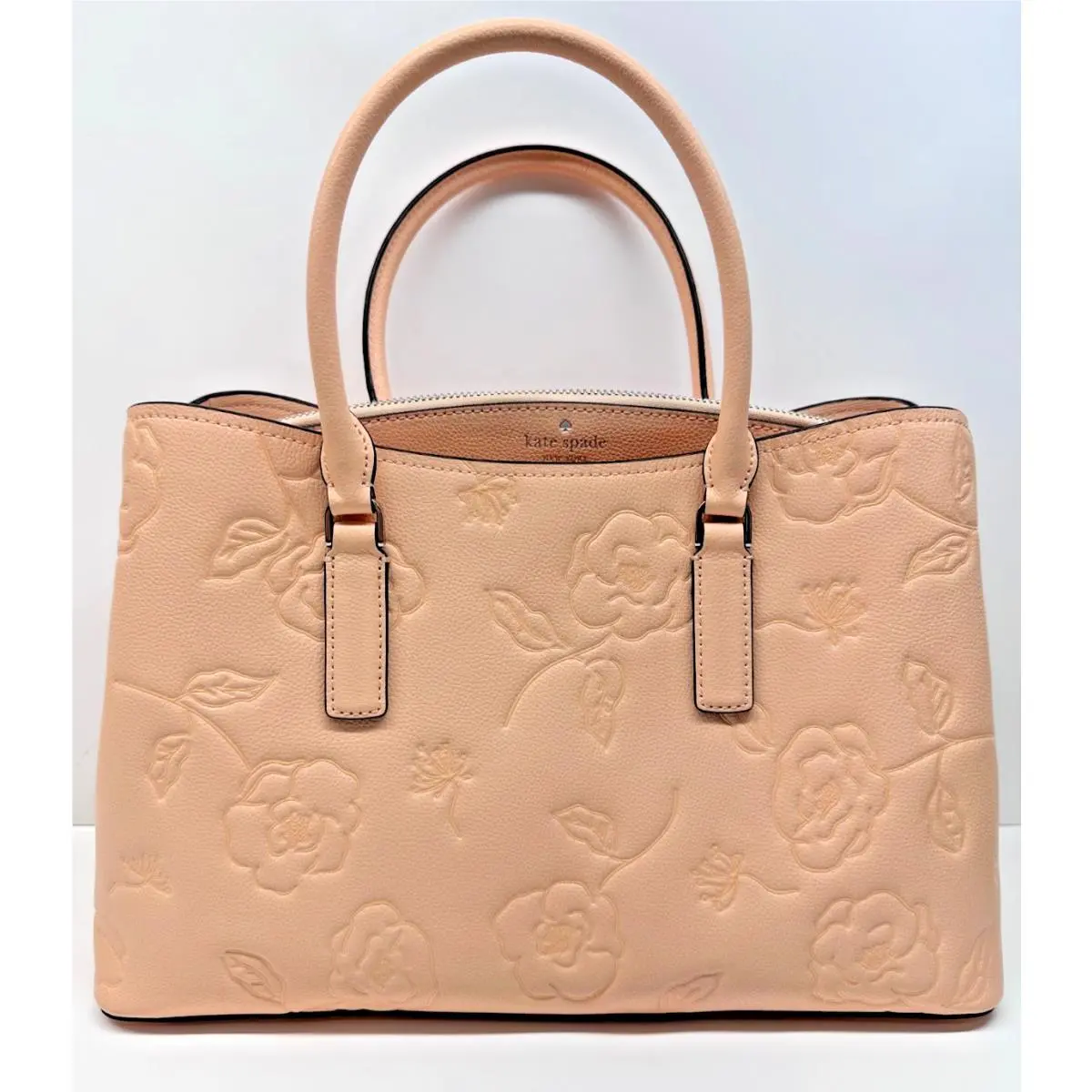 Crisp Peach Thompson Floral Embossed Leather Satchel by Kate Spade